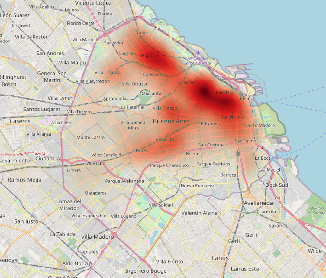Delivery-density heatmap of Moova shipments across Buenos Aires