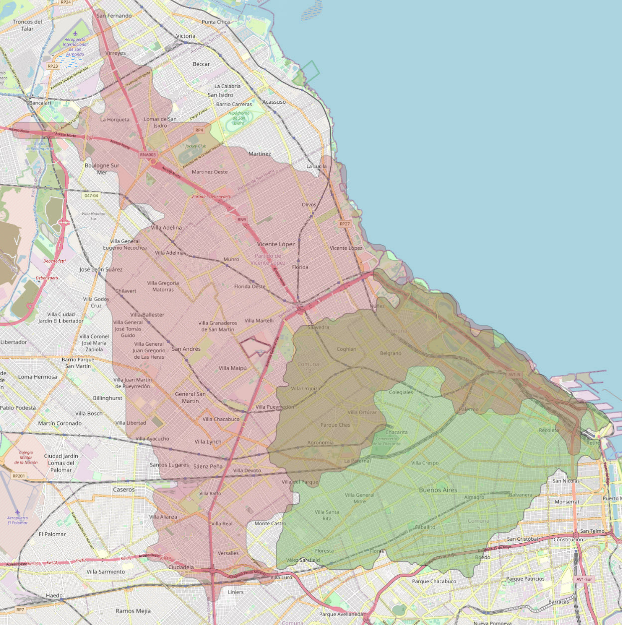 Travel-time isochrones from a candidate warehouse location